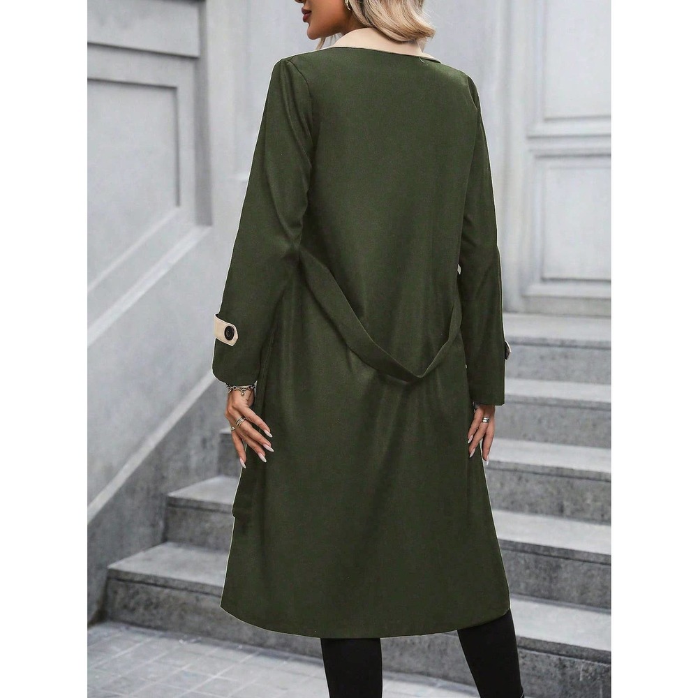 Two Tone Lapel Collar Belted Trench Coat preppy - Picture 6 of 9
